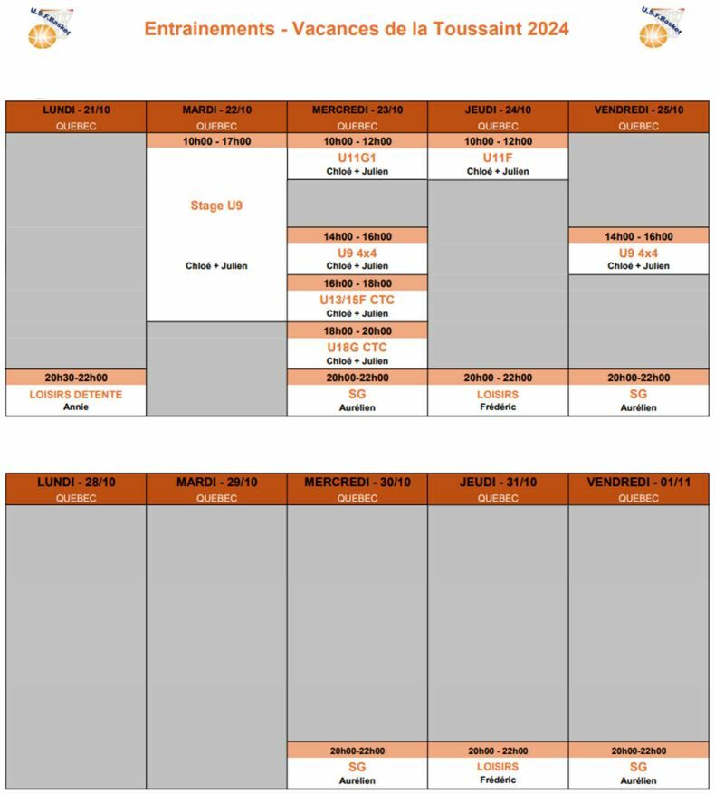 Tableau des Entrainements pour les vacances de la Toussaint 2024