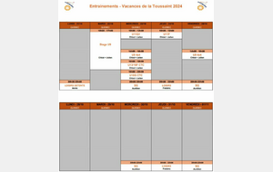 Tableau des Entrainements pour les vacances de la Toussaint 2024